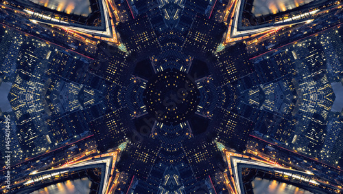 Принти на полотні Radiant star-shaped kaleidoscopic composition featuring glowing highways and vibrant city lights, reflecting a futuristic energy burst