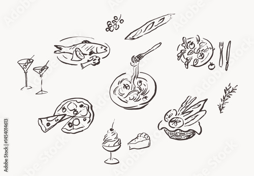 Food line art drawings, hand drawn decorative design elements, vector illustration