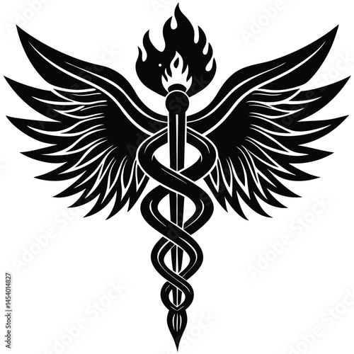 Caduceus Medical Symbol vector Silhouette illustration Caduceus emerging from flame in silhouette