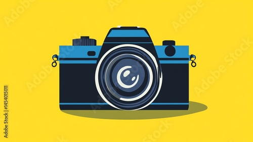 Digital illustration of a classic black camera with blue accents and a white lens.