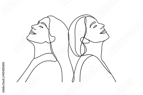 Two women embrace a continuous line art expression illustrating connection and contemplation with optimistic views.