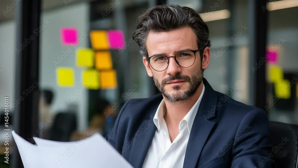 A focused businessman analyzing documents in a modern office setting. A focused businessman analyzing documents in a modern office setting.
