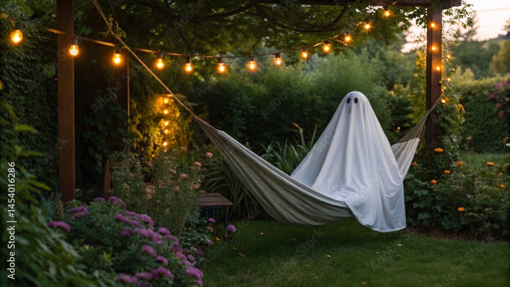 A whimsical ghost in a white sheet costume relaxes in a hammock in a garden, with string lights adding a touch of spooky charm to the peaceful outdoor scene.
A whimsical ghost in a white sheet costume relaxes in a hammock in a garden, with string lights adding a touch of spooky charm to the peaceful outdoor scene.