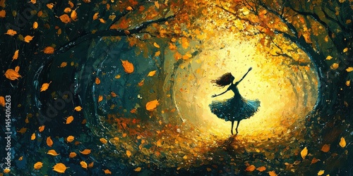 Storybook painting of mushroom girl dancing under a canopy of leaves
