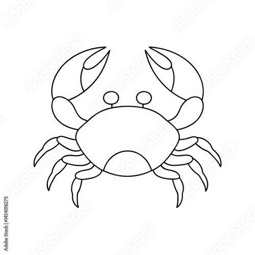 Simple outlined graphic of a cartoon crab showing its claws and legs created in a minimalist black and white style.