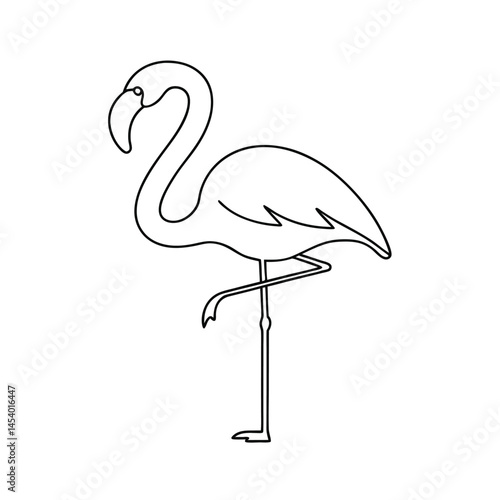 Simple outlined illustration of a flamingo bird standing gracefully on one leg against a clean white backdrop.