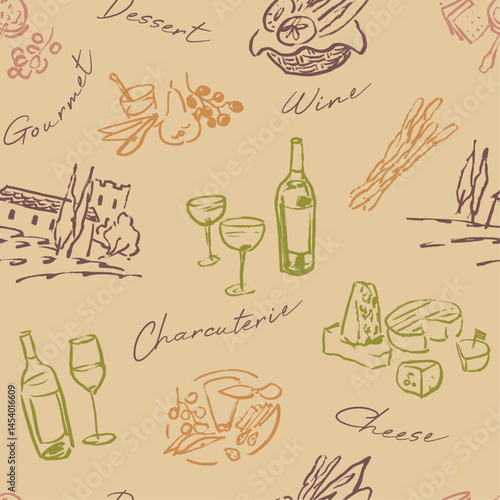 Wine wrapping paper design, charcuterie seamless pattern, line art style illustration