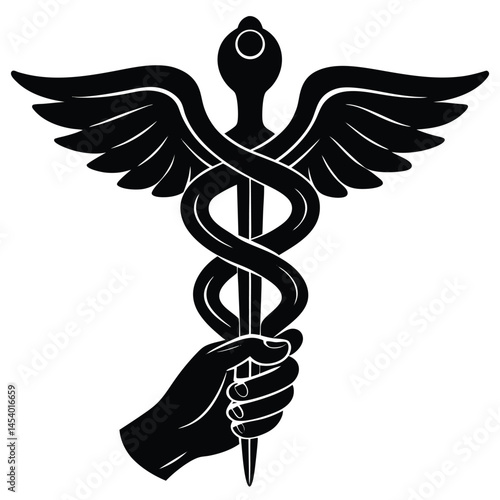 Caduceus Medical Symbol vector Silhouette illustration Silhouette of hand holding caduceus symbol