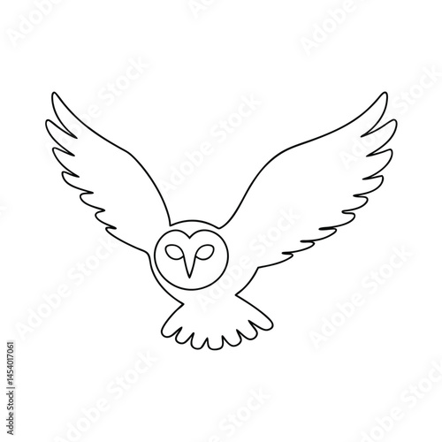 Minimalist black and white line art illustration of a barn owl in flight with its wings spread wide