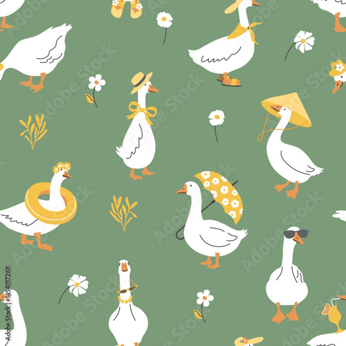 Cute geese seamless pattern on green background. Goose character vector illustration. Funny white ducks in summer style.