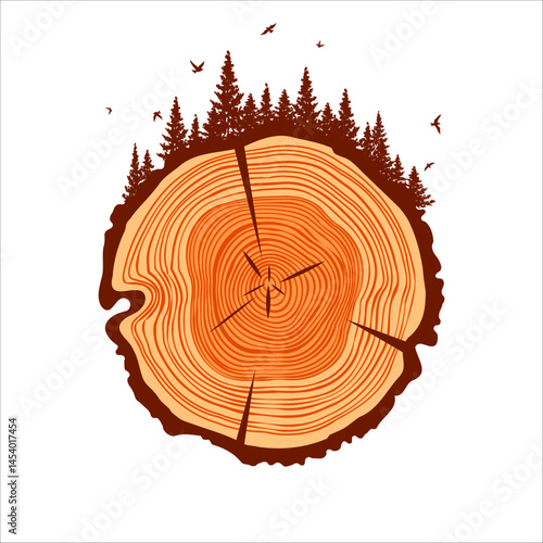 Round tree trunk cut with trees, forest and birds. Sawn pine or oak slice, lumber. Saw cut timber, wood. Brown wooden texture with tree rings. Hand drawn sketch. Vector illustration