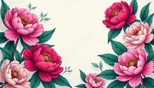Intricate line art peony clusters in geometric layout, fabric design, repeat
