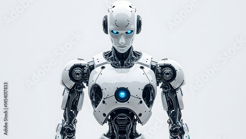 Futuristic white robot with glowing blue eyes and mechanical details stands against plain background, showcasing advanced technology and design