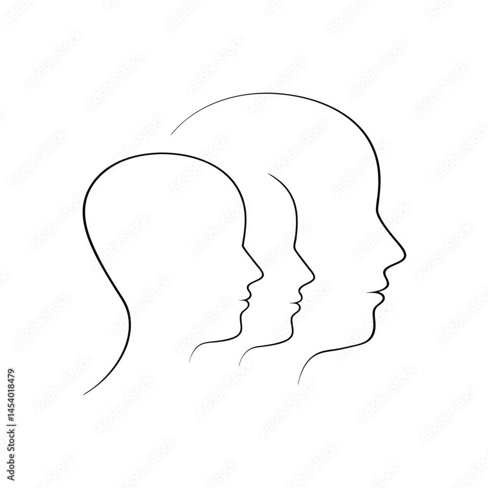 Three simple line art silhouettes of human head profiles in different sizes with a white background. Three simple line art silhouettes of human head profiles in different sizes with a white background.