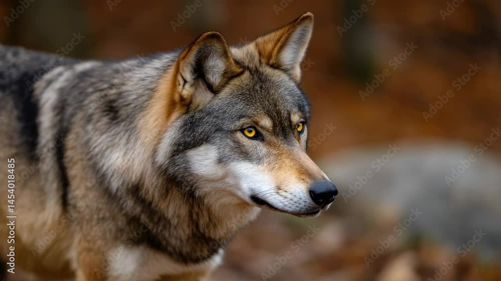Majestic wolf gazing into the distance amidst a serene natural backdrop. Majestic wolf gazing into the distance amidst a serene natural backdrop.