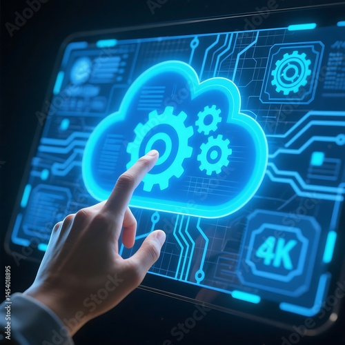 digital interface, holographic display, gears icon, finger pointing, blue technology background,