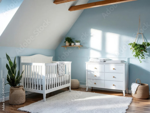 Serene Nursery Interior: The image is an inviting nursery, designed with a calming color palette. The room features a crib, dresser, and décor to create a perfect, peaceful haven for the newborn.