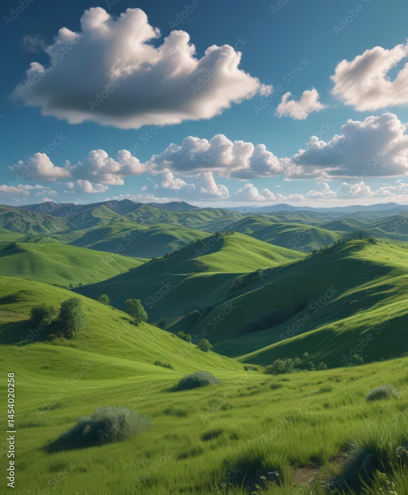 Obraz premium Rolling hills of vibrant green under a deep blue sky, fluffy clouds drifting lazily , day, hill, peaceful
