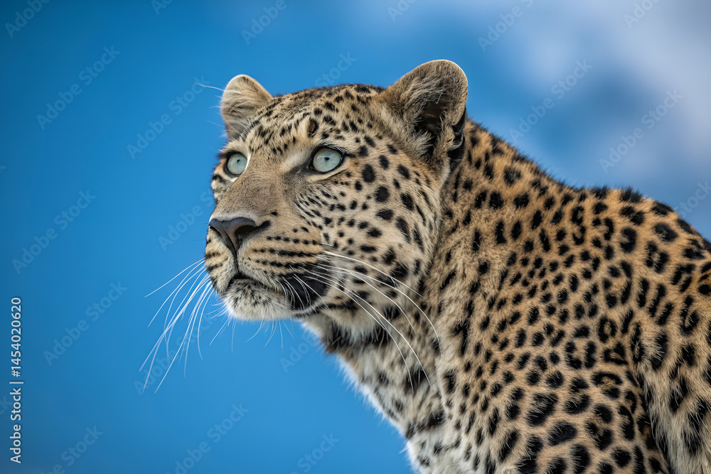 A striking close-up portrait captures the intense face of a wild leopard, a spotted feline predator A striking close-up portrait captures the intense face of a wild leopard, a spotted feline predator