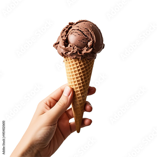 Hand holding chocolate ice cream in cone isolated on white background PNG file