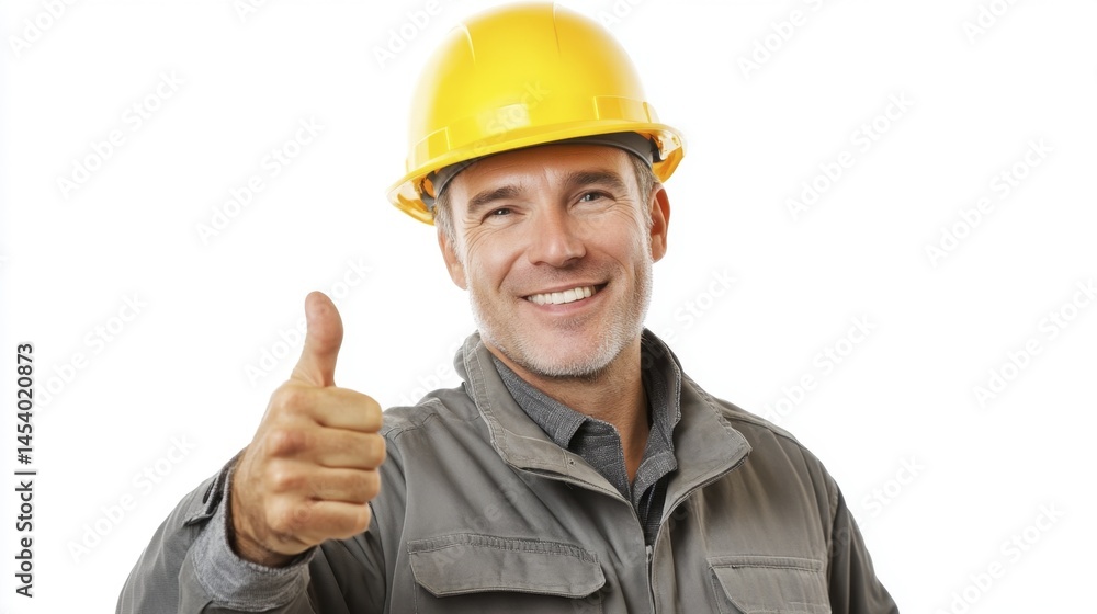 Cheerful construction worker wearing hard hat gives thumbs-up signal for approval, quality, or positive construction feedback Cheerful construction worker wearing hard hat gives thumbs-up signal for approval, quality, or positive construction feedback