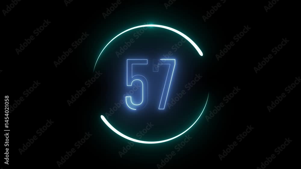 Number 57 glowing in a circular neon frame. Bold light art concept for modern signage, digital aesthetics, and artistic visuals. Number 57 glowing in a circular neon frame. Bold light art concept for modern signage, digital aesthetics, and artistic visuals.