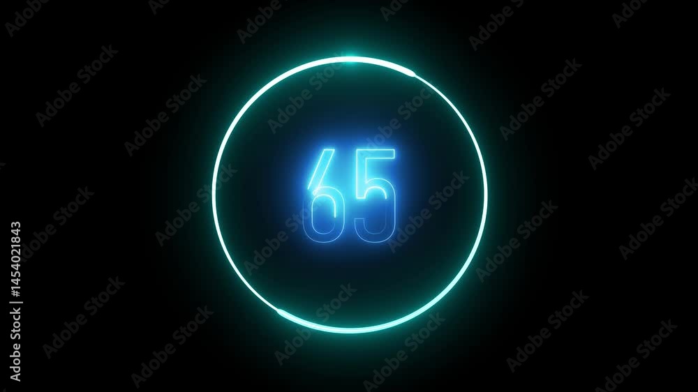 Circular neon frame highlighting number 65. Futuristic counting animation for games, branding, and creative digital content.