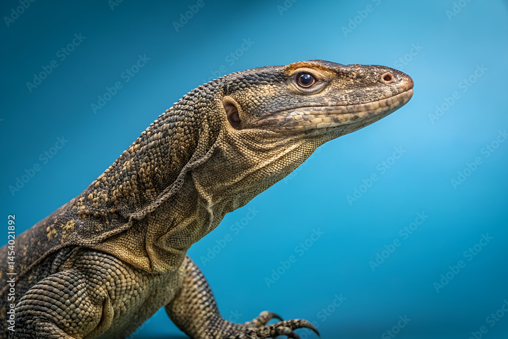 Fototapeta premium A green reptile, a wild iguana, with detailed scales is captured in a close-up portrait in its tropical nature