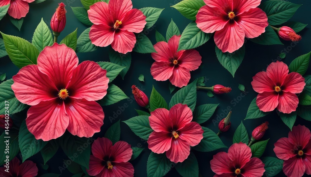 Vibrant hibiscus blooms, lush leaves, repeating pattern, bright, background Vibrant hibiscus blooms, lush leaves, repeating pattern, bright, background