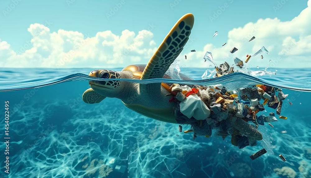 Fototapeta premium Sea turtle struggling through a sea of plastic debris for World Turtle Day awareness