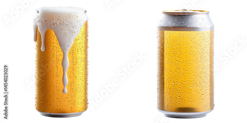 Set of Chilled beer cans with condensation and frothy top. isolate on transparent background