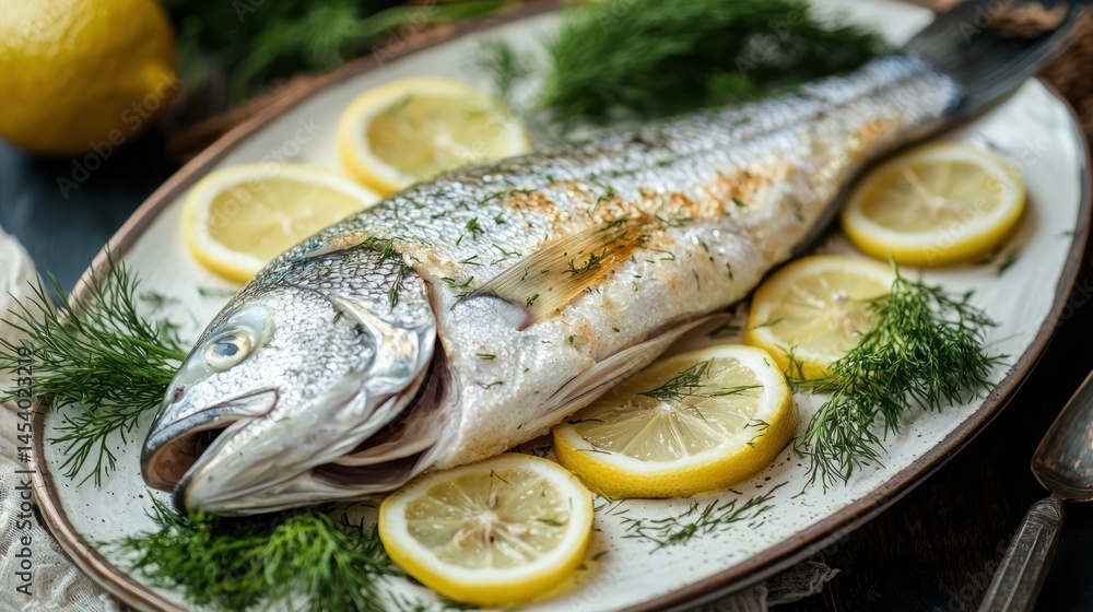 Fresh whole fish with lemon slices and dill Fresh whole fish with lemon slices and dill