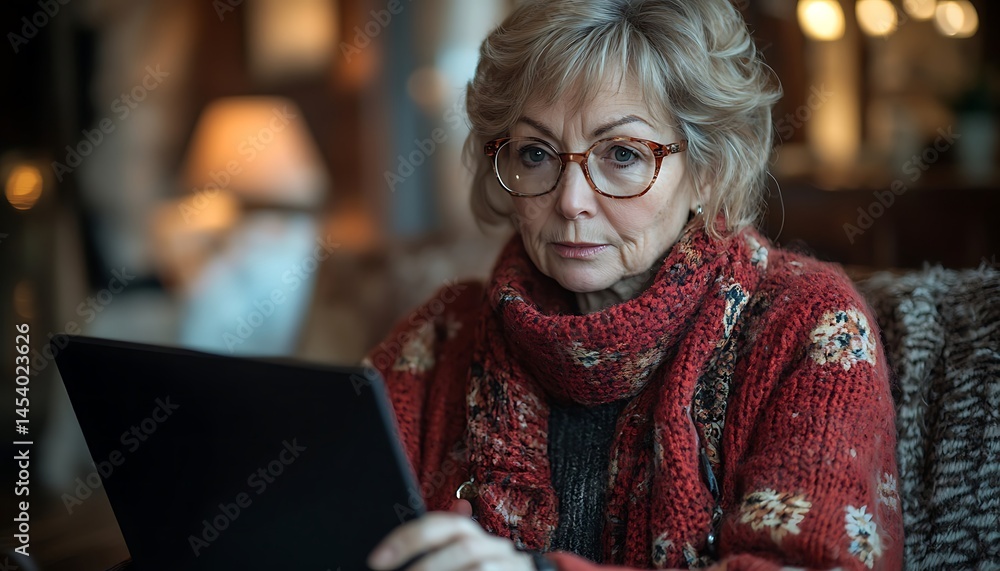 Elderly woman engrossed in laptop use. Elderly woman engrossed in laptop use.