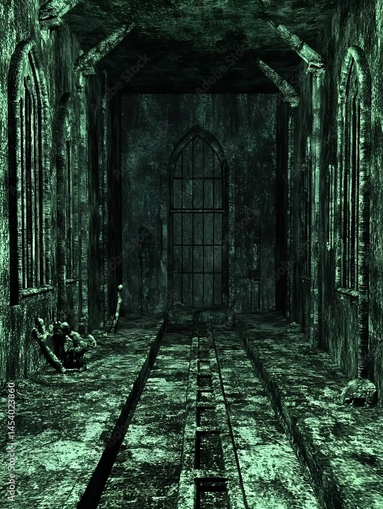 Fototapeta premium Dark green, dimly lit interior of an old stone building, possibly a church or cathedral. The long corridor leads to a large gothic window at the far end. The floor appears worn and weathered, with a
