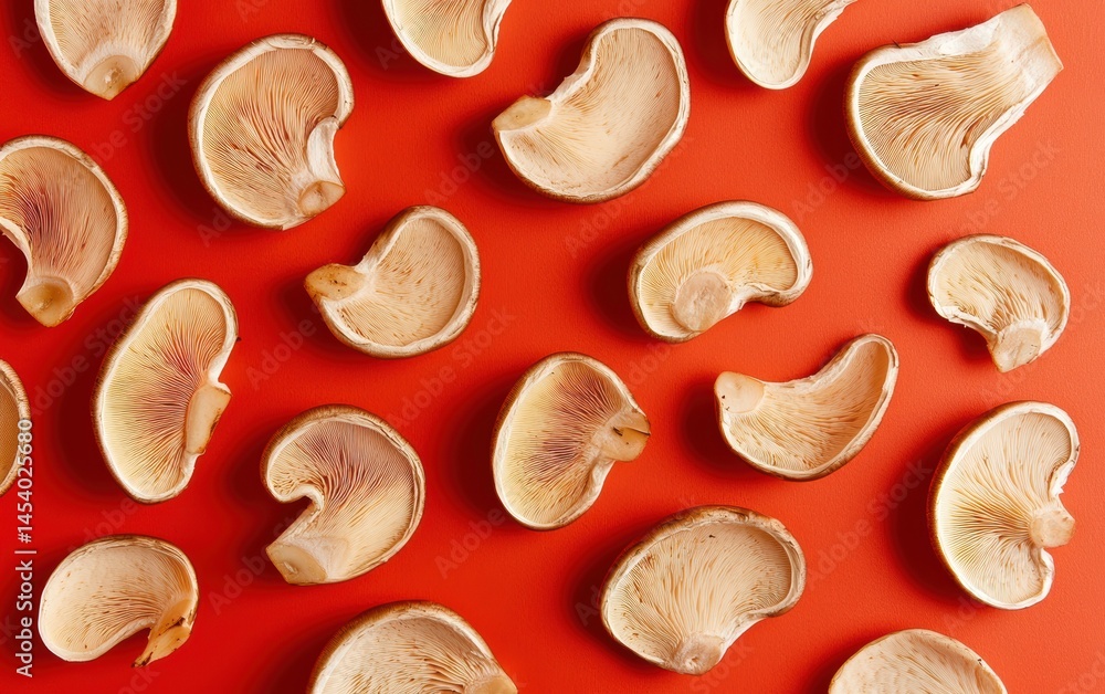 Top-down pattern of sliced mushrooms on red background with shadows. 