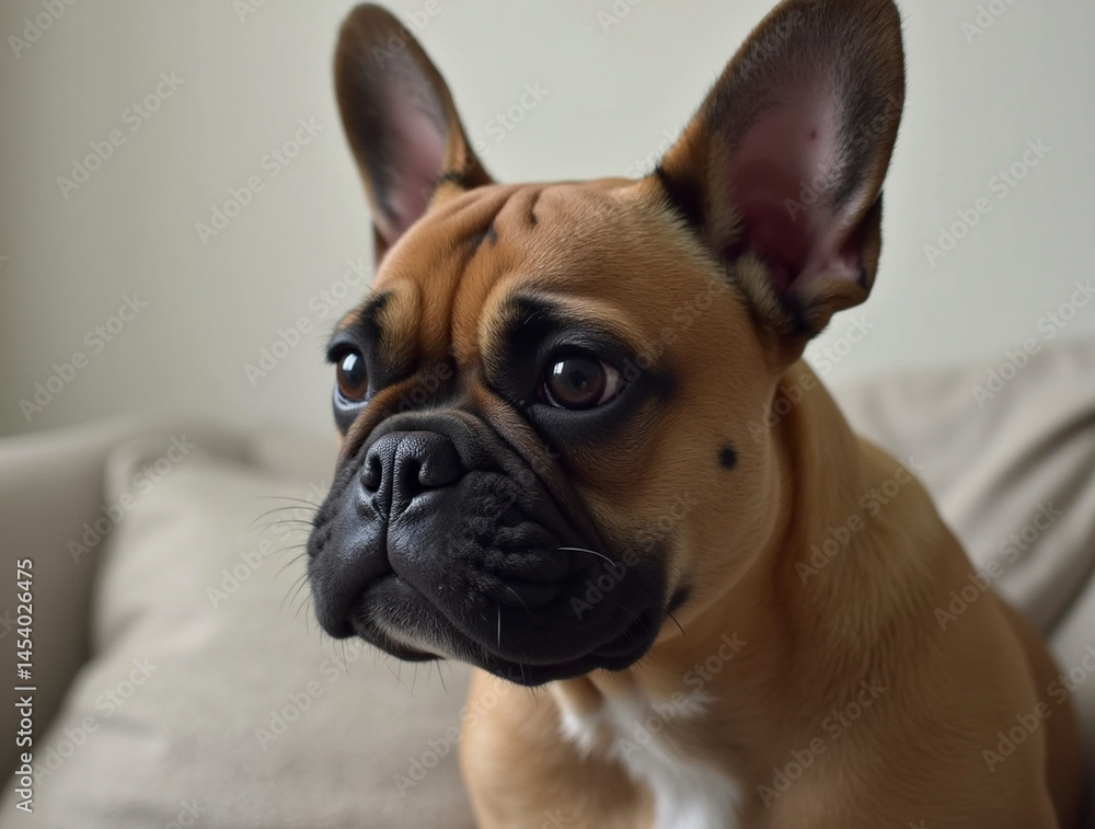 Close up studio portrait of a brown and black french bull dog puppy face looking away. Animal portrait concept good for pet store. Close up studio portrait of a brown and black french bull dog puppy face looking away. Animal portrait concept good for pet store.