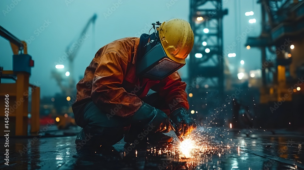 Industrial worker wea safety gear welding in a factory environment with sparks flying under blue lighting at night Industrial worker wea safety gear welding in a factory environment with sparks flying under blue lighting at night