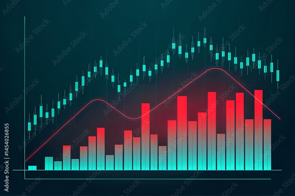Naklejka premium Candlestick with line and bar charts showcases ascending trends against a grid backdrop