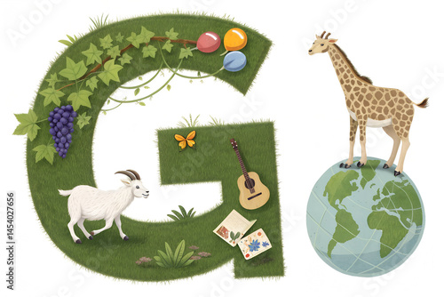Illustrated Letter 'G' with Grapes, Goat, Guitar, Globe, and Giraffe – Creative Alphabet Art