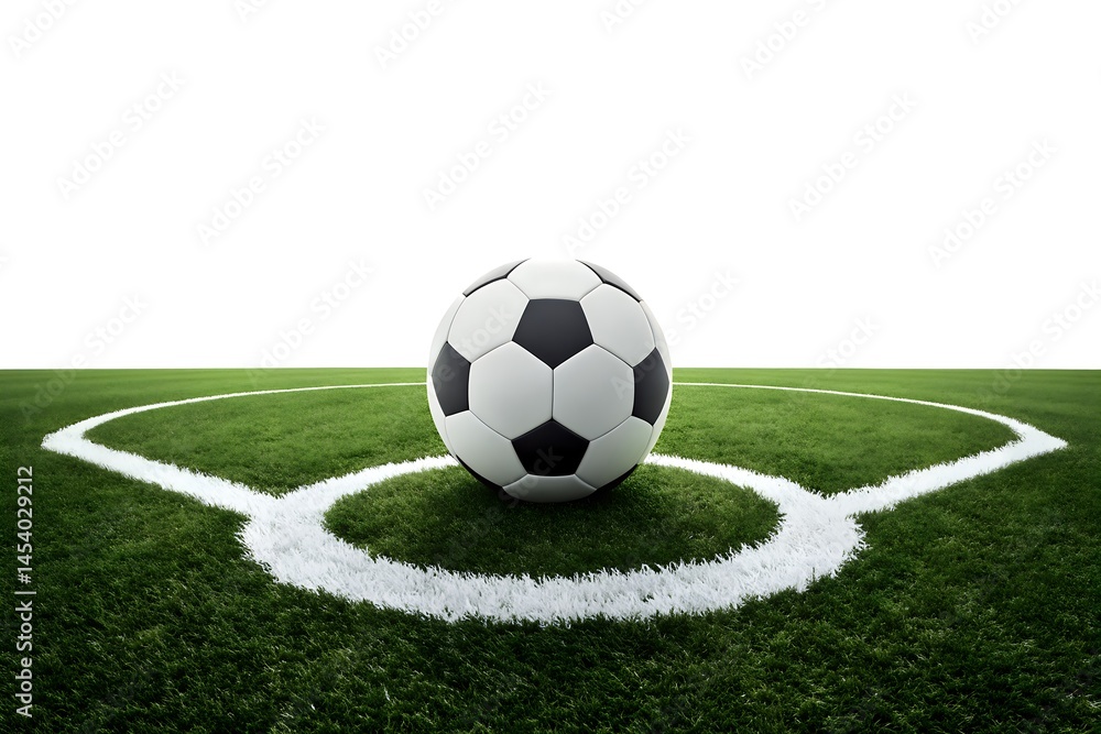 The soccer ball rests at center circle amid the stadium's verdant artificial turf The soccer ball rests at center circle amid the stadium's verdant artificial turf