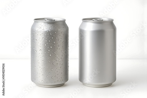 Two shiny aluminum cans stand on a white surface, one covered in condensation droplets