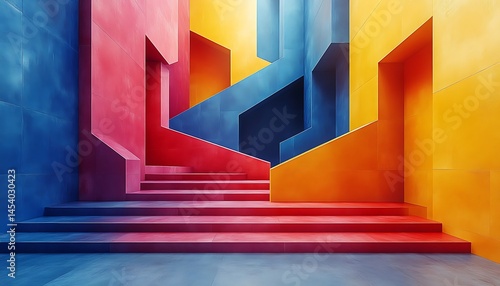 Vibrant, colorful, abstract interior design with steps.