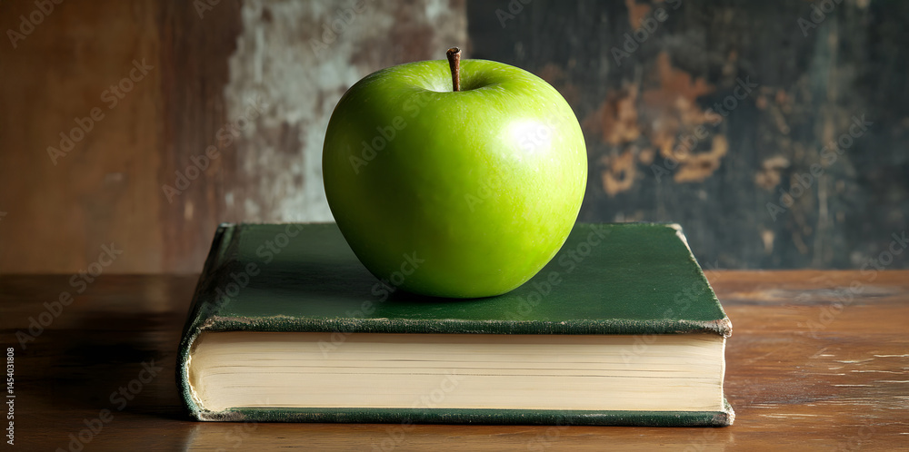 Close-up of fresh green apple resting on aged book with textured paper, placed on rustic wooden table indoors, capturing quiet natural light and warm tones in timeless still life setup.