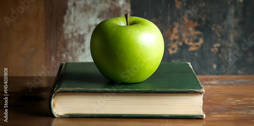 Obraz na płótnie Close-up of fresh green apple resting on aged book with textured paper, placed on rustic wooden table indoors, capturing quiet natural light and warm tones in timeless still life setup. w salonie