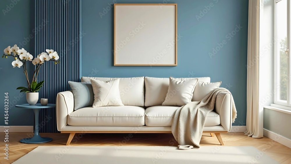 Obraz premium Minimalist Living Room Interior with Cream Sofa, Blue Accent Wall, Blank Frame, and Elegant Orchid Decor