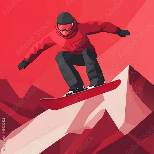 A snowboarder in a red jacket performs an aerial maneuver over stylized, red hued mountains against a vibrant red sunset. Low polygon illustration style