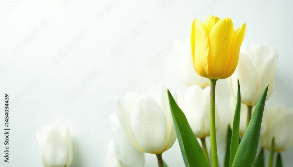 Obraz premium Lone yellow tulip amongst white tulips, pure white backdrop, plant, leaf, element