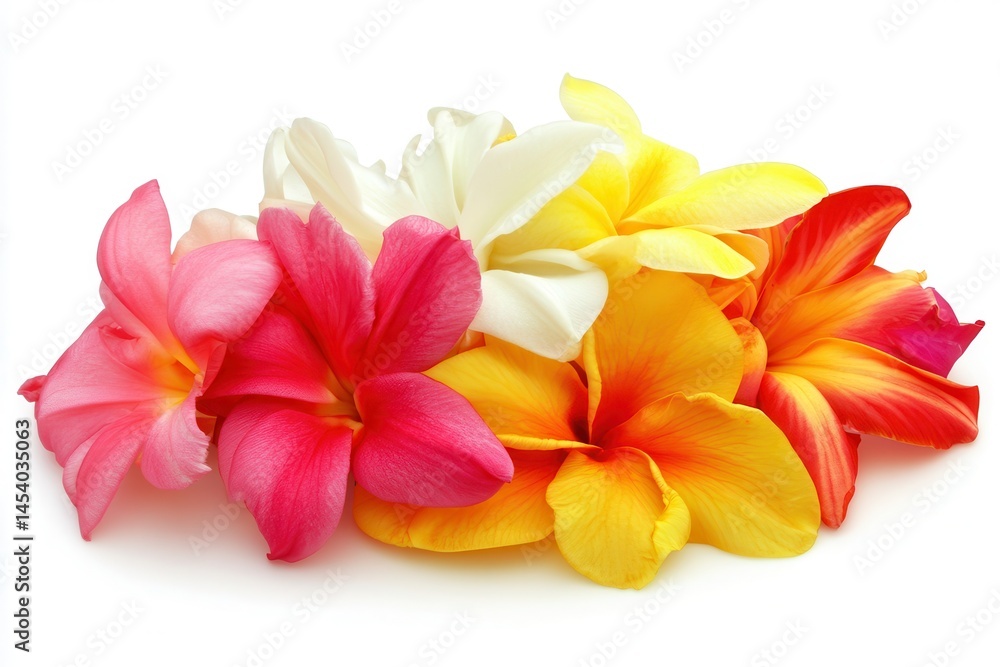 Fototapeta premium Vibrant bouquet of tropical plumeria flowers showcasing pink, yellow, and white hues