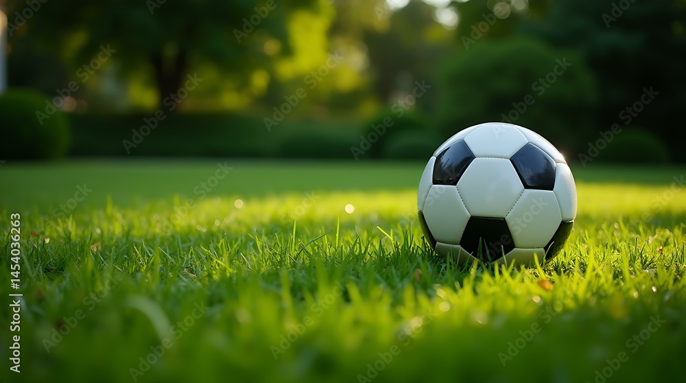 A soccer ball sits on bright green grass in a park at sunset, representing outdoor sport and recreation use for athletic content. A soccer ball sits on bright green grass in a park at sunset, representing outdoor sport and recreation use for athletic content.