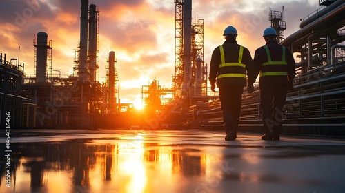Two industrial workers wea safety helmets and reflective vests walking through a refinery or chemical plant du sunset or sunrise with a vibrant sky and silhouetted machinery in the background